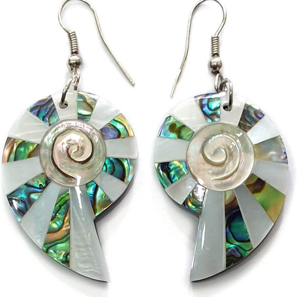 Iridescent Paua Abalone Shell Dangle Earrings - Handmade Mother of Pearl Jewelry - Picture 1 of 6